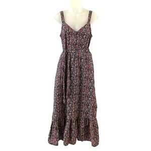 J. Crew Factory Linen Blend Floral Maxi Dress Size 0 Navy Cottagecore Ruffle Hem